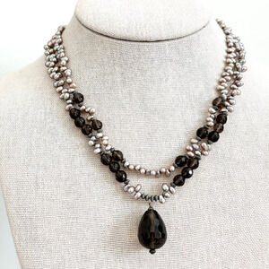 925 Sterling Silver Vintage Smoky Quartz Freshwater Pearl Double Strand Necklace